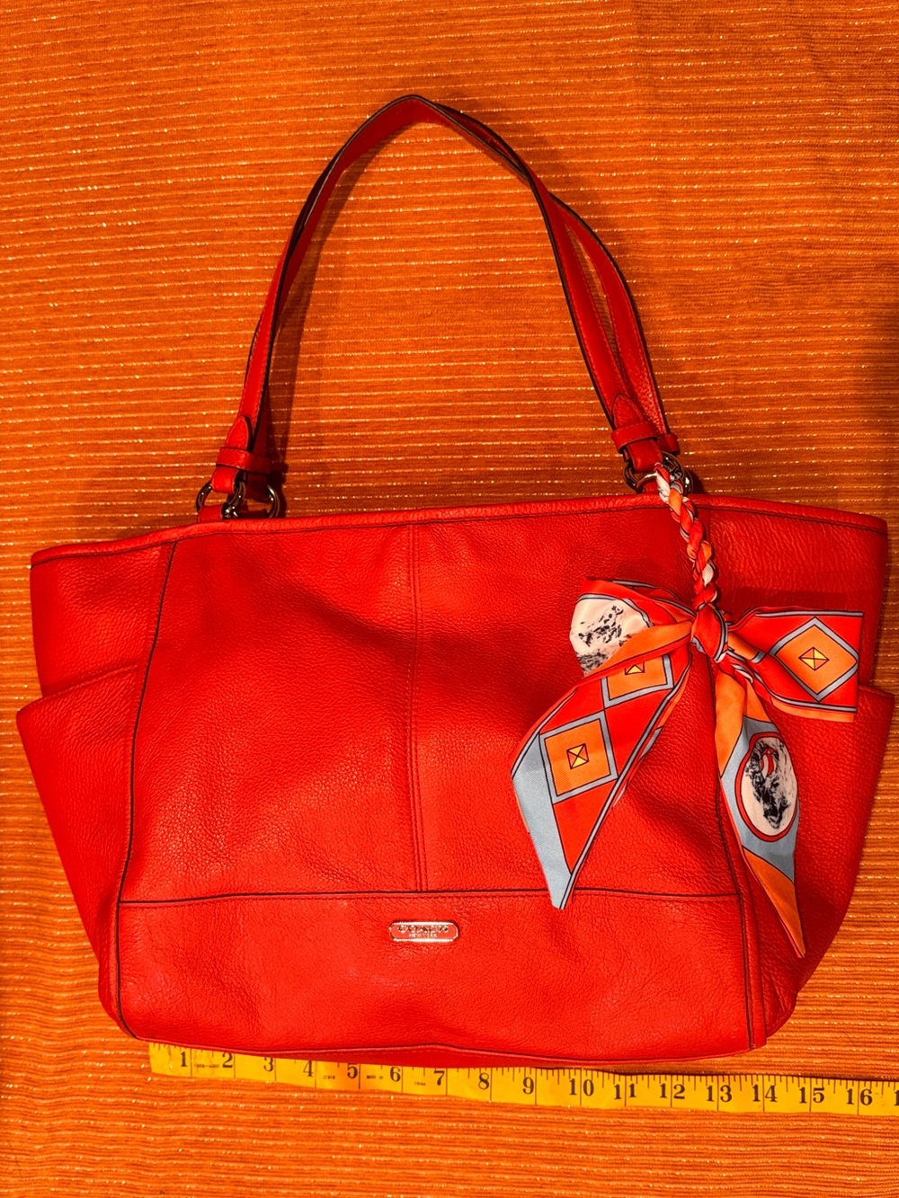 Coach Park Leather Carrie Tote Tangerine with free scarf